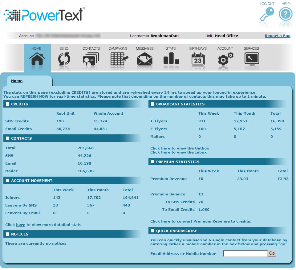 Screenshot of the early PowerText web platform: a dashboard showing SMS and email credits, contact counts and broadcast statistics.