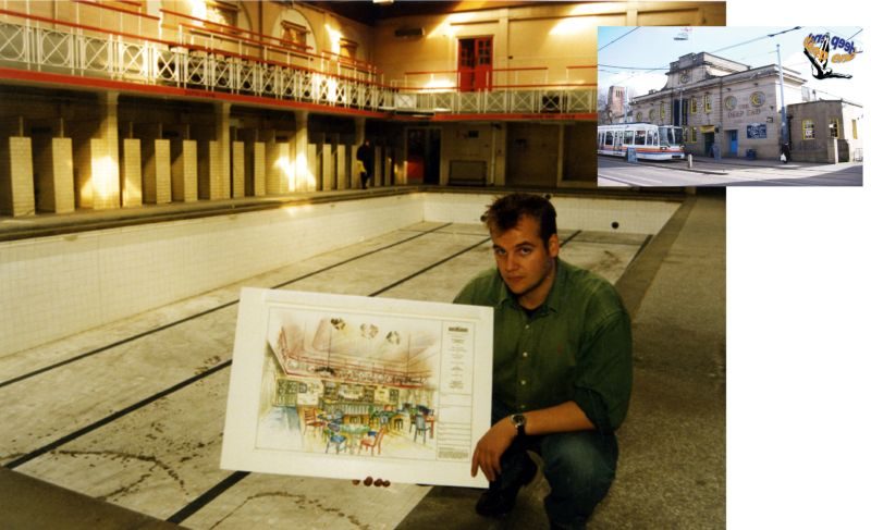 Dan Brookman kneeling in the drained Hillsborough Baths pool, holding a watercolour design for the venue interior. Inset: the baths building on Langsett Road with a Supertram passing outside.